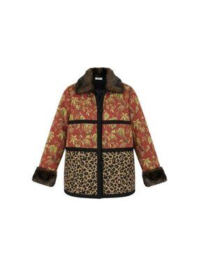 VTG Izabella's Journey & Faux Fur Jacket L/XL Red Floral & Leopard Print